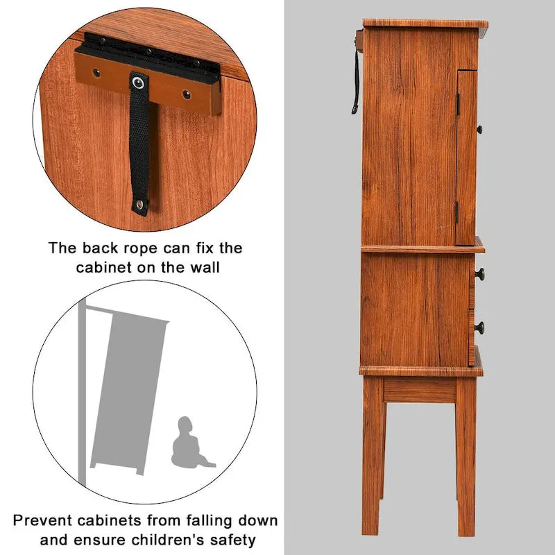 Vintage Standing Jewelry Cabinet with Mirror Drawers Brown Wood