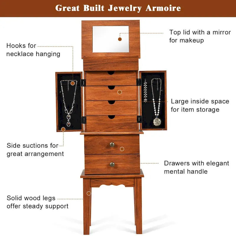 Vintage Standing Jewelry Cabinet with Mirror Drawers Brown Wood