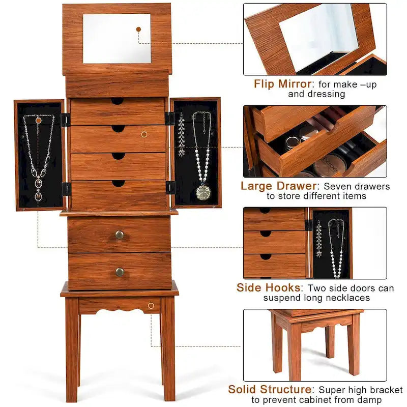 Vintage Standing Jewelry Cabinet with Mirror Drawers Brown Wood
