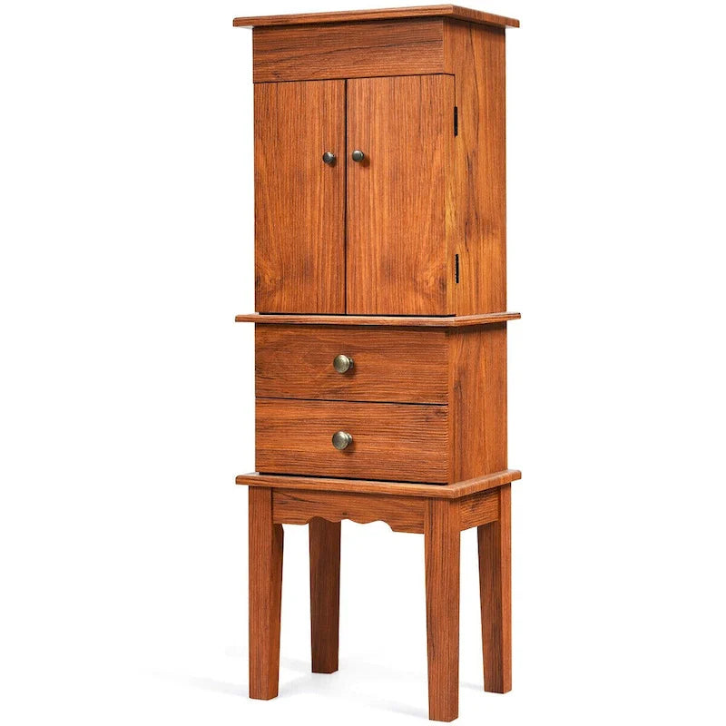 Vintage Standing Jewelry Cabinet with Mirror Drawers Brown Wood