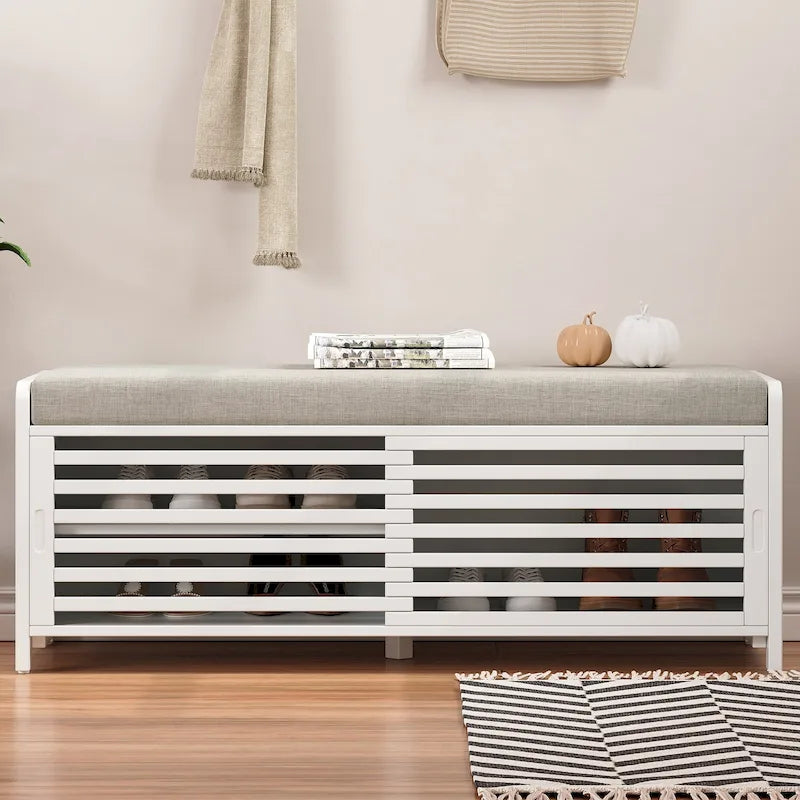 Shutter Slat Entryway Storage Bench with Cushion Seat and Sliding Door, Multi-Color