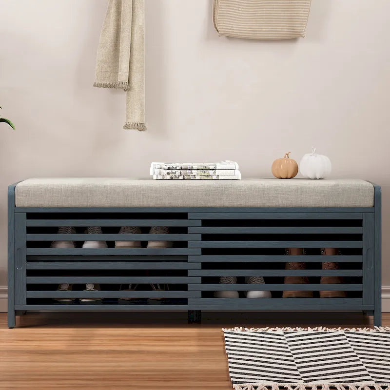 Shutter Slat Entryway Storage Bench with Cushion Seat and Sliding Door, Multi-Color