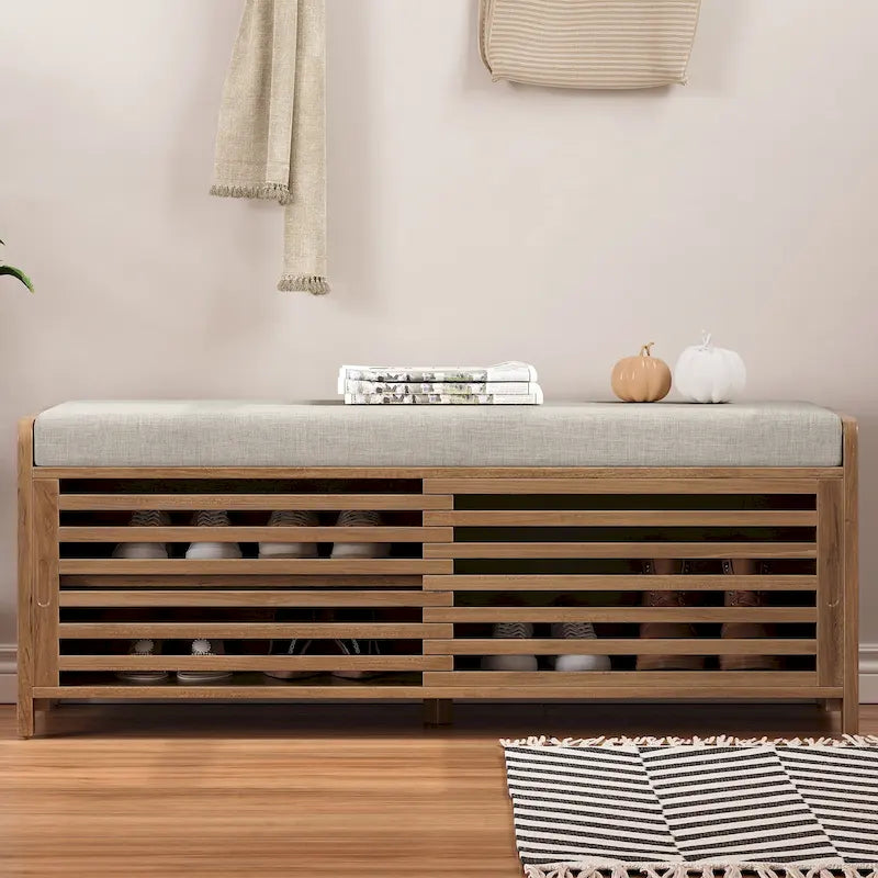 Shutter Slat Entryway Storage Bench with Cushion Seat and Sliding Door, Multi-Color