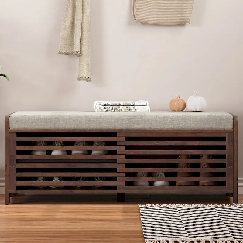 Shutter Slat Entryway Storage Bench with Cushion Seat and Sliding Door, Multi-Color