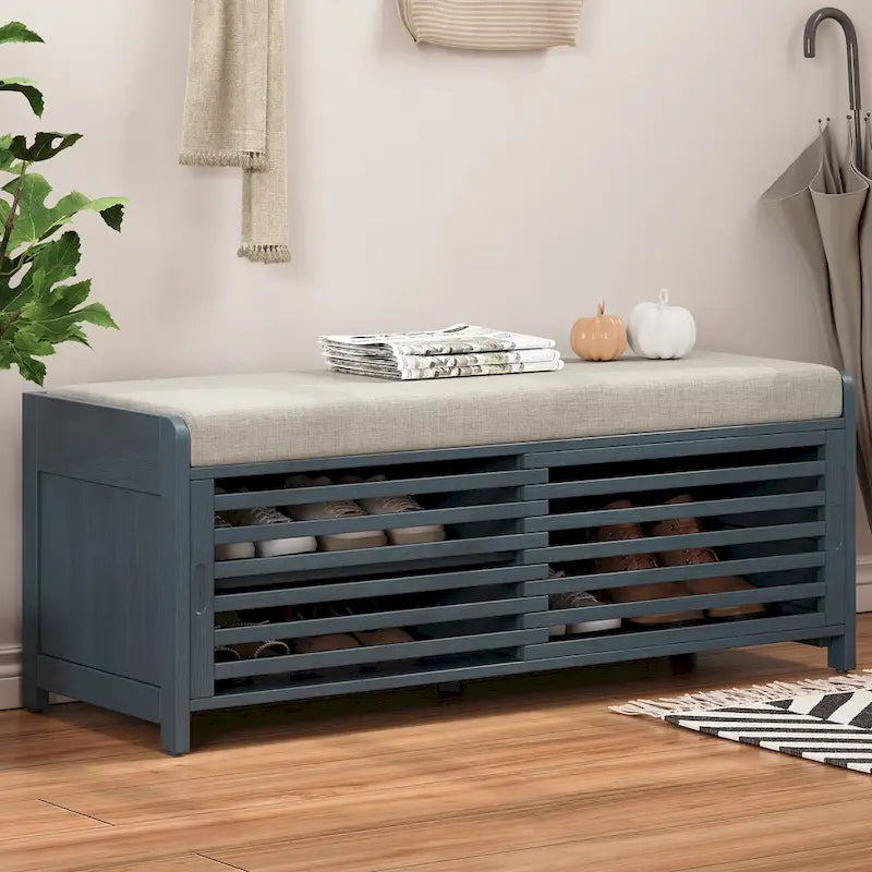 Shutter Slat Entryway Storage Bench with Cushion Seat and Sliding Door, Multi-Color