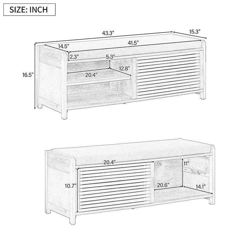 Shutter Slat Entryway Storage Bench with Cushion Seat and Sliding Door, Multi-Color