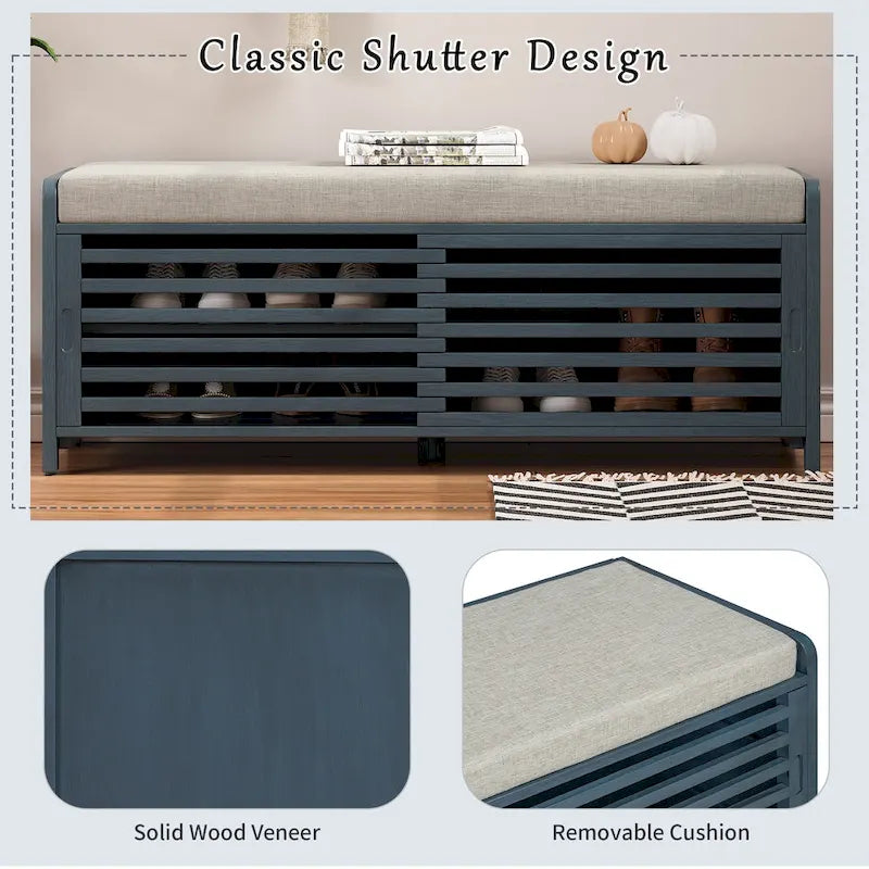 Shutter Slat Entryway Storage Bench with Cushion Seat and Sliding Door, Multi-Color