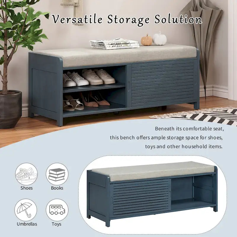 Shutter Slat Entryway Storage Bench with Cushion Seat and Sliding Door, Multi-Color