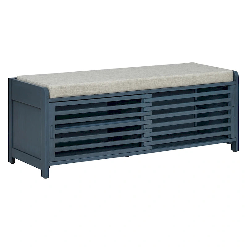 Shutter Slat Entryway Storage Bench with Cushion Seat and Sliding Door, Multi-Color