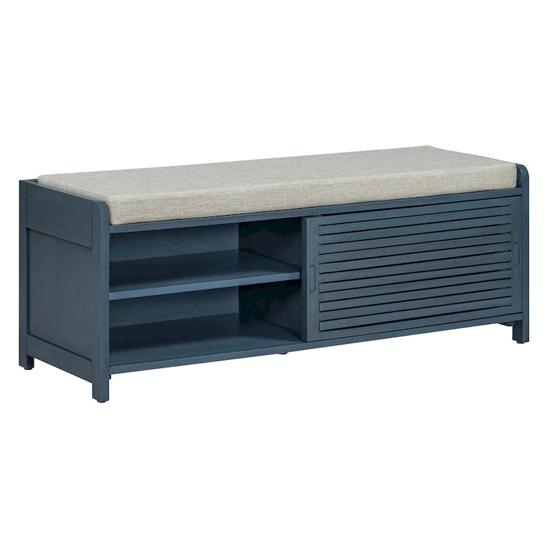 Shutter Slat Entryway Storage Bench with Cushion Seat and Sliding Door, Multi-Color