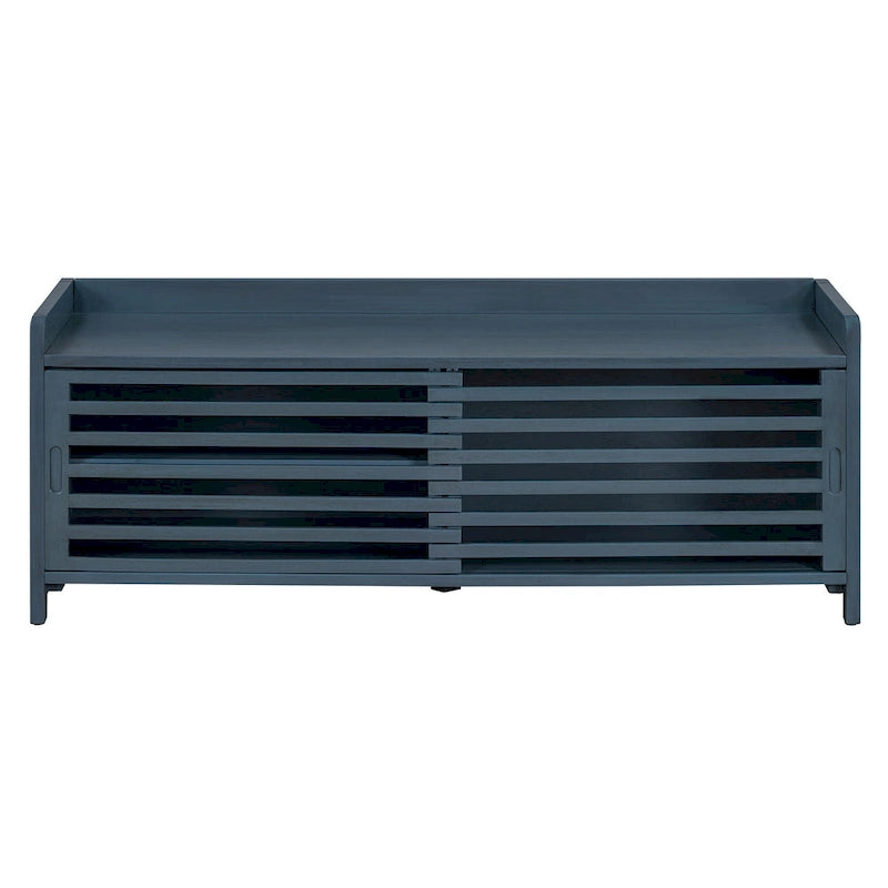 Shutter Slat Entryway Storage Bench with Cushion Seat and Sliding Door, Multi-Color