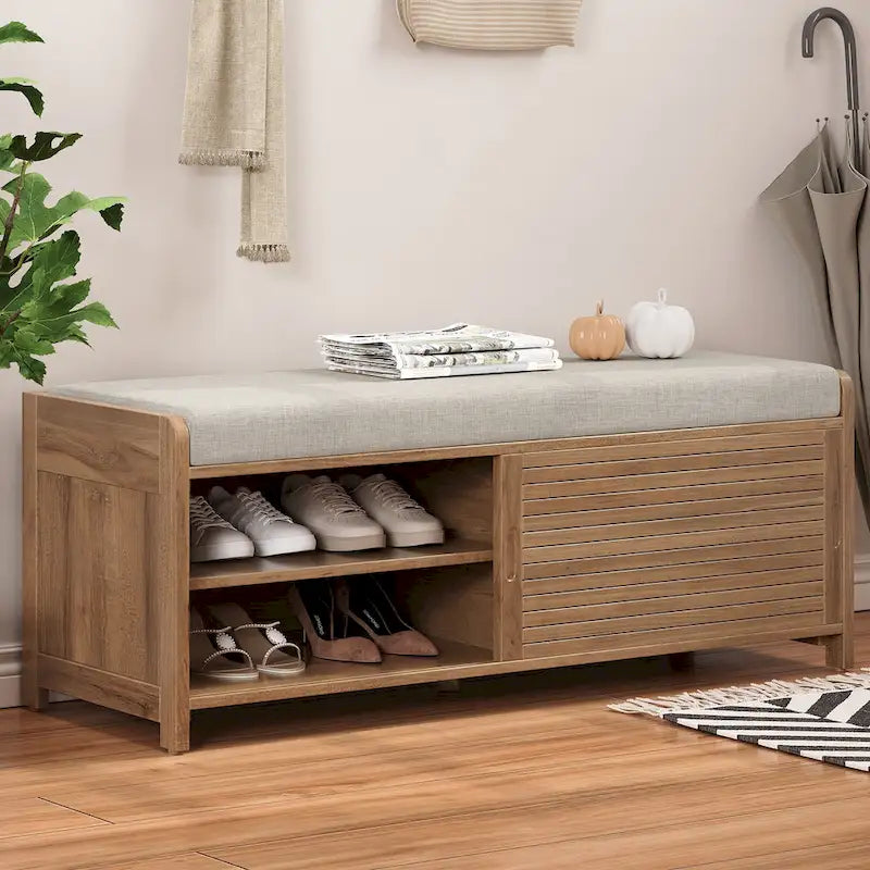 Shutter Slat Entryway Storage Bench with Cushion Seat and Sliding Door, Multi-Color