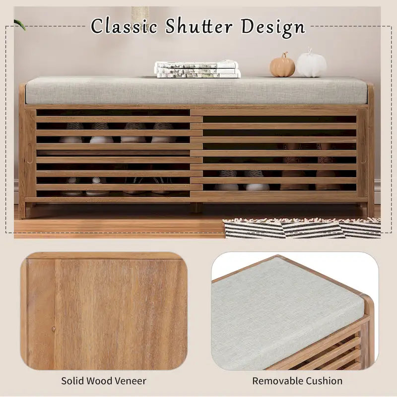 Shutter Slat Entryway Storage Bench with Cushion Seat and Sliding Door, Multi-Color