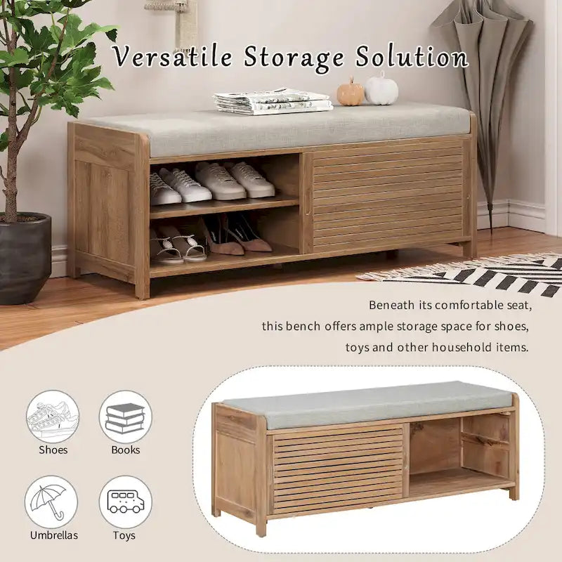 Shutter Slat Entryway Storage Bench with Cushion Seat and Sliding Door, Multi-Color