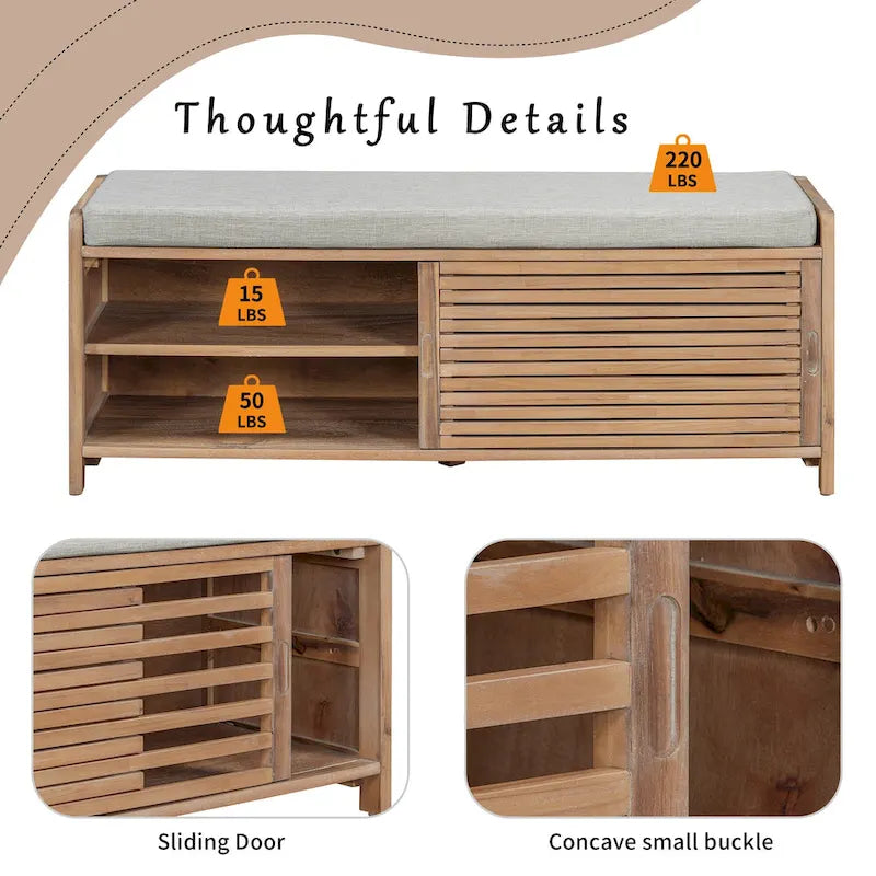 Shutter Slat Entryway Storage Bench with Cushion Seat and Sliding Door, Multi-Color