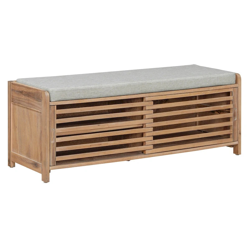 Shutter Slat Entryway Storage Bench with Cushion Seat and Sliding Door, Multi-Color