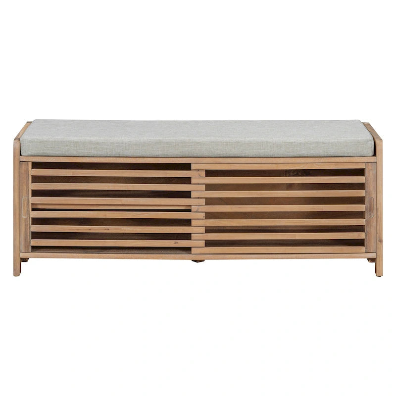 Shutter Slat Entryway Storage Bench with Cushion Seat and Sliding Door, Multi-Color