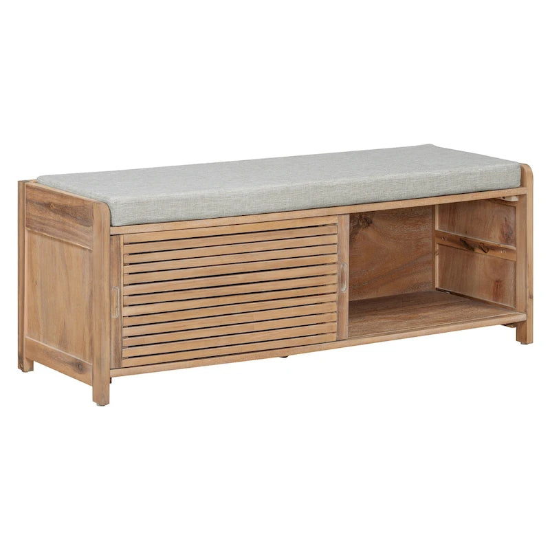 Shutter Slat Entryway Storage Bench with Cushion Seat and Sliding Door, Multi-Color