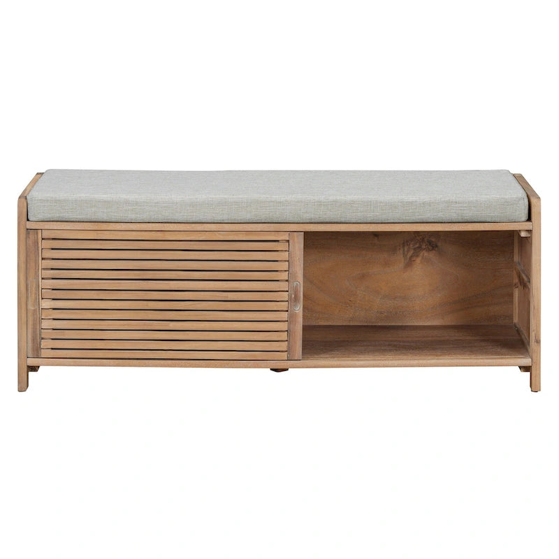 Shutter Slat Entryway Storage Bench with Cushion Seat and Sliding Door, Multi-Color