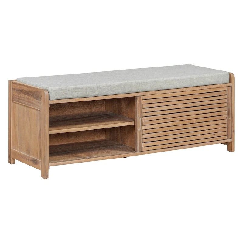 Shutter Slat Entryway Storage Bench with Cushion Seat and Sliding Door, Multi-Color