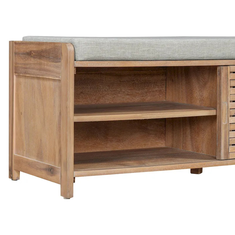Shutter Slat Entryway Storage Bench with Cushion Seat and Sliding Door, Multi-Color