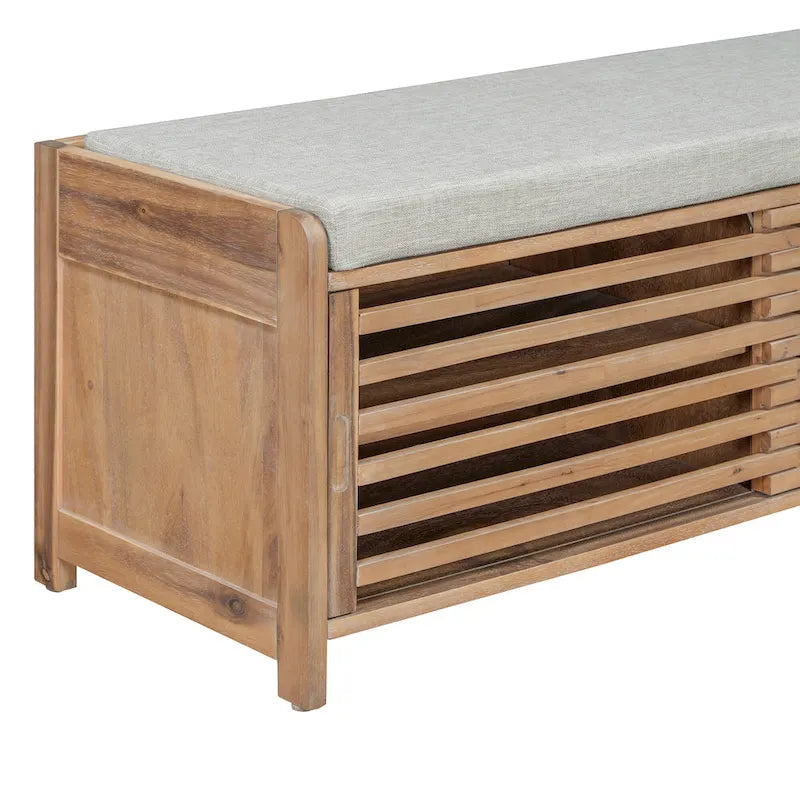 Shutter Slat Entryway Storage Bench with Cushion Seat and Sliding Door, Multi-Color