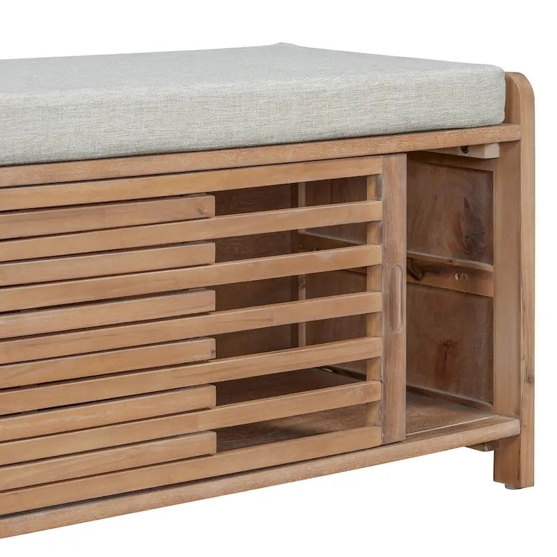 Shutter Slat Entryway Storage Bench with Cushion Seat and Sliding Door, Multi-Color