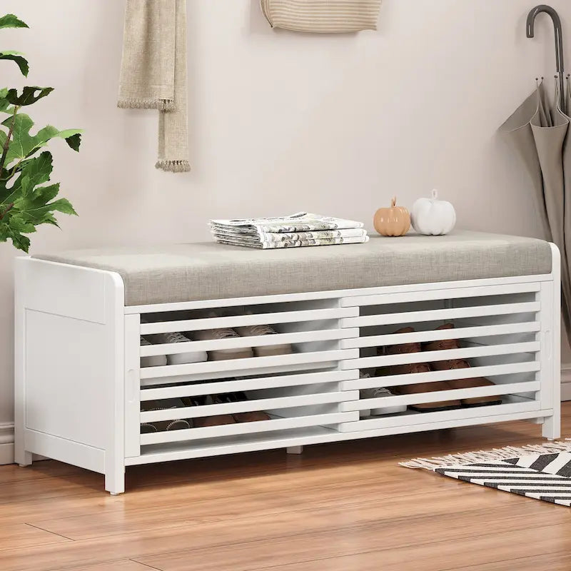 Shutter Slat Entryway Storage Bench with Cushion Seat and Sliding Door, Multi-Color