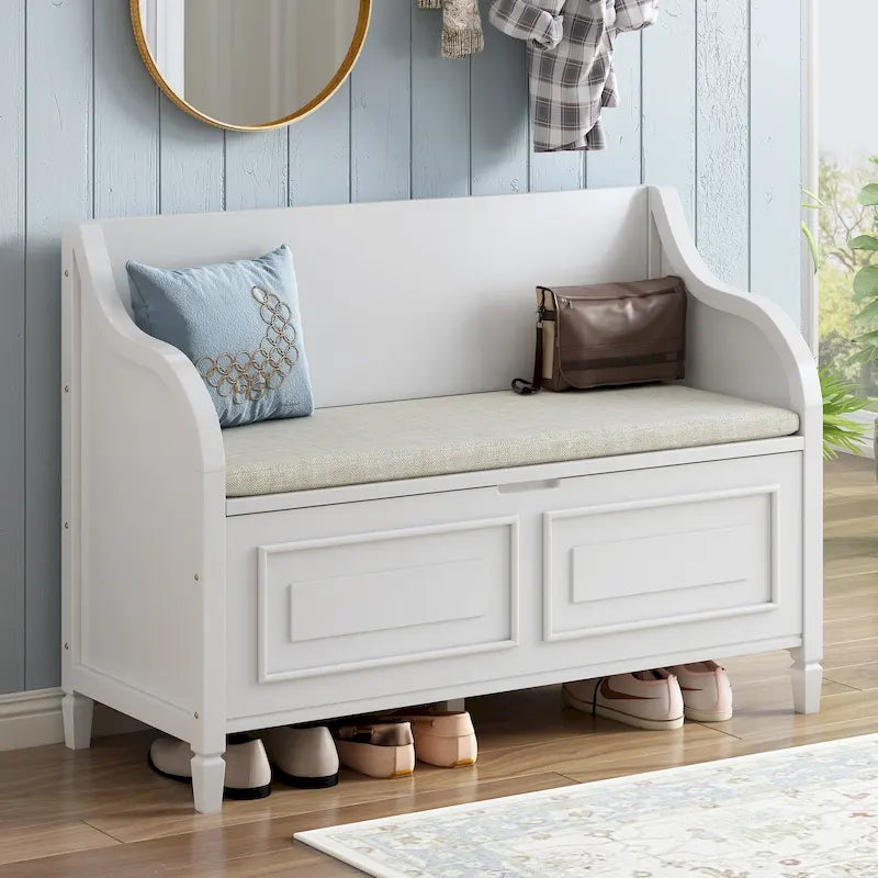 Rustic Wood Storage Bench with Cushion Seat and Hidden Storage