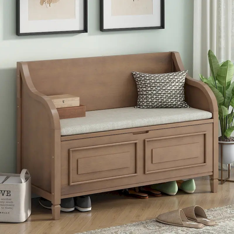 Rustic Wood Storage Bench with Cushion Seat and Hidden Storage
