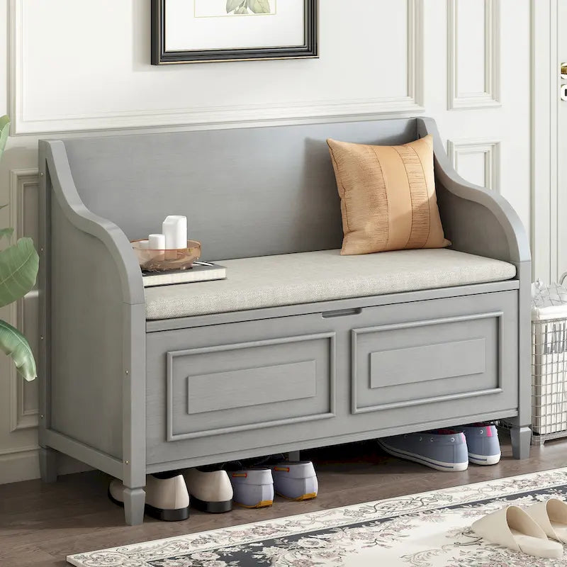 Rustic Wood Storage Bench with Cushion Seat and Hidden Storage