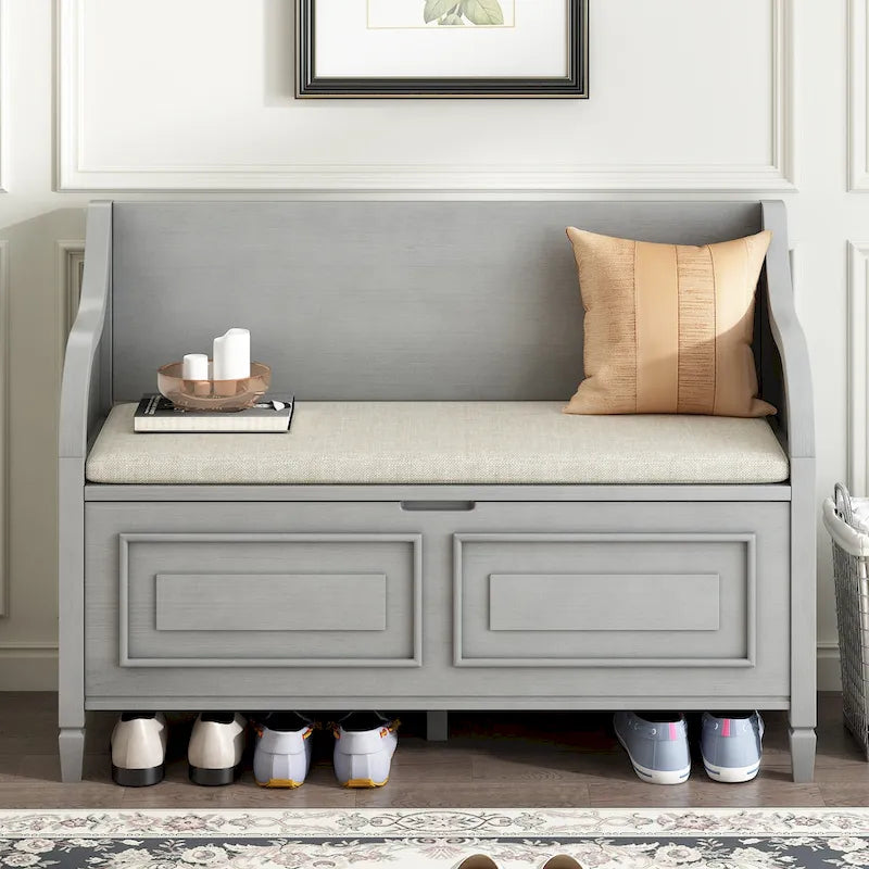Rustic Wood Storage Bench with Cushion Seat and Hidden Storage