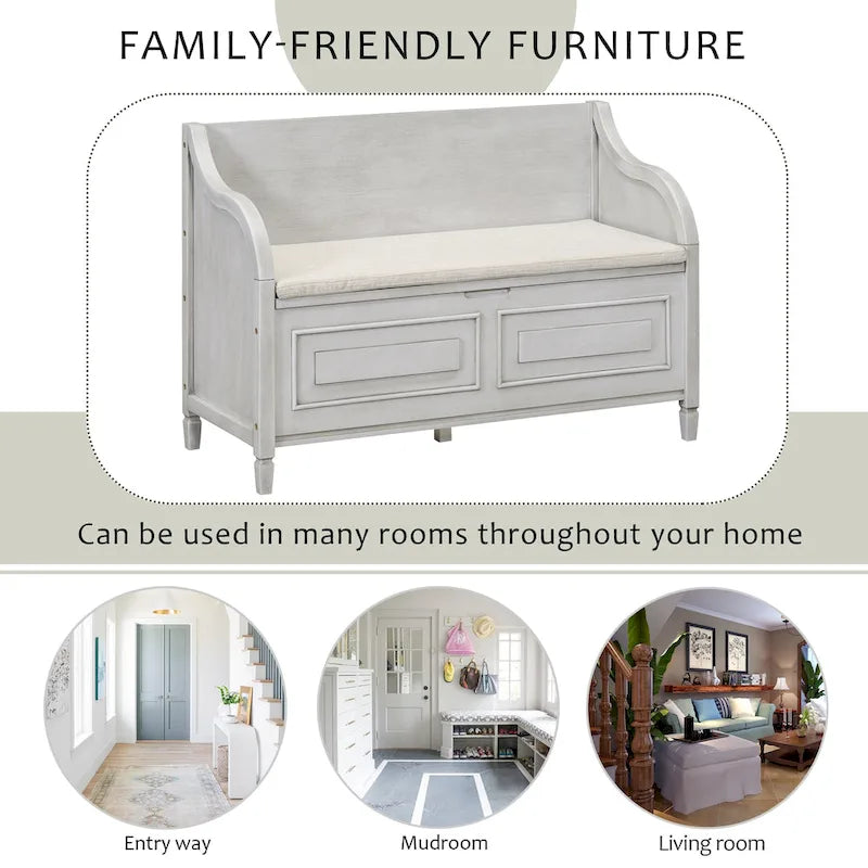 Rustic Wood Storage Bench with Cushion Seat and Hidden Storage