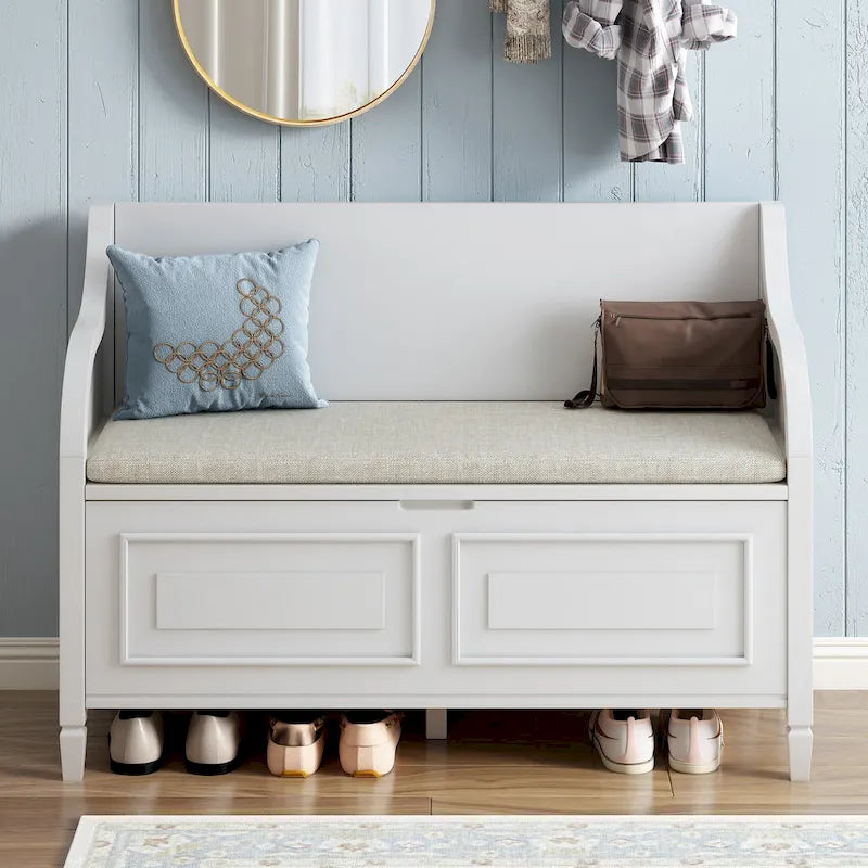 Rustic Wood Storage Bench with Cushion Seat and Hidden Storage
