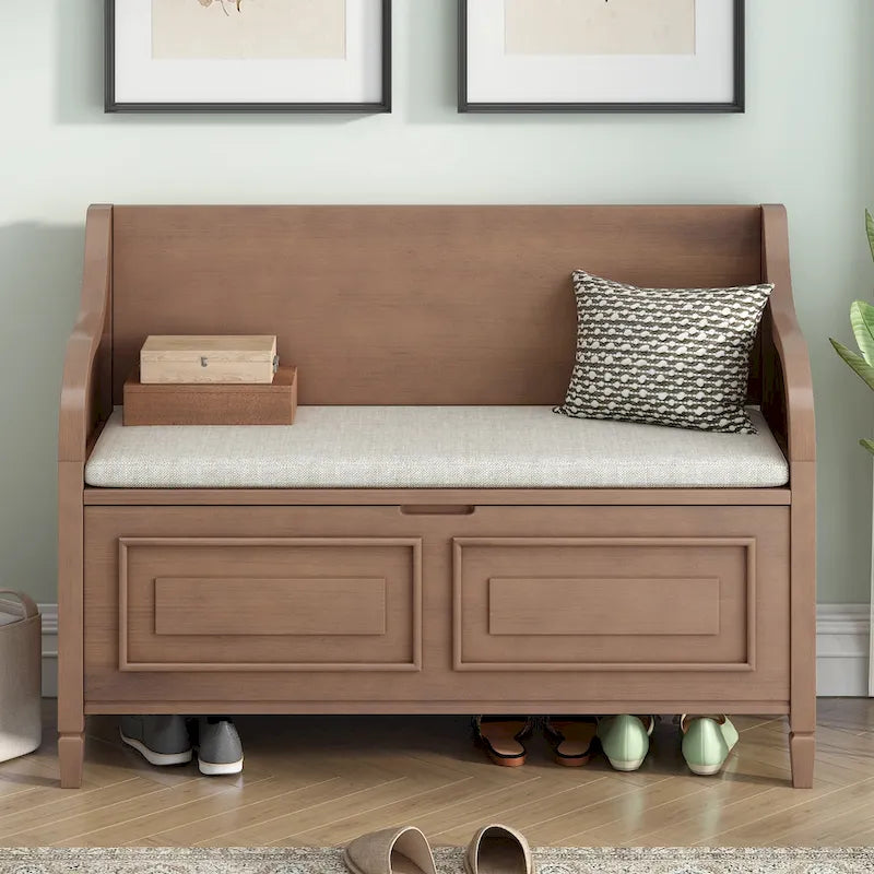 Rustic Wood Storage Bench with Cushion Seat and Hidden Storage