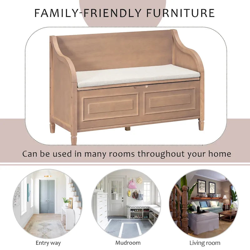 Rustic Wood Storage Bench with Cushion Seat and Hidden Storage