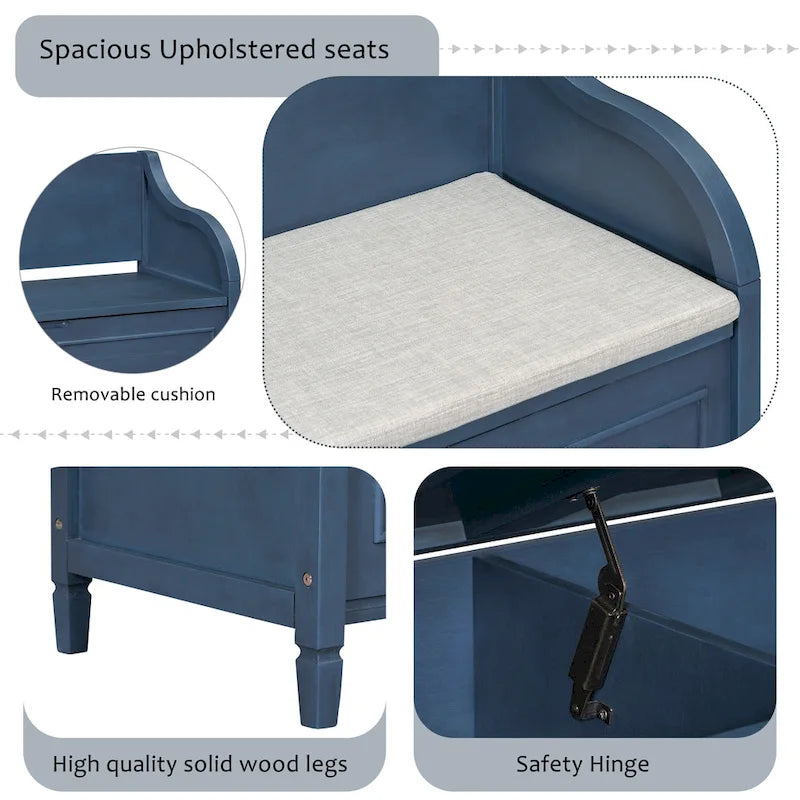 Rustic Wood Storage Bench with Cushion Seat and Hidden Storage