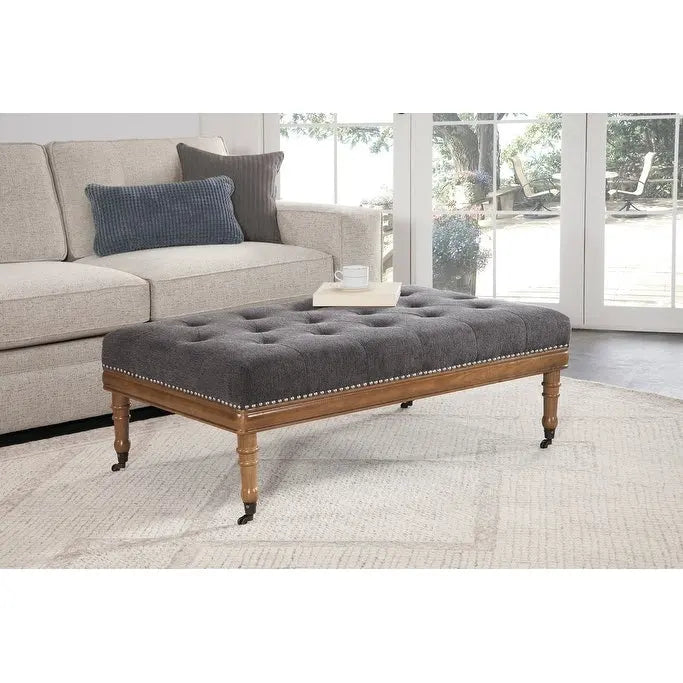 Diamond Tufted Upholstered Ottoman with Nail Trim Turned Legs and Casters