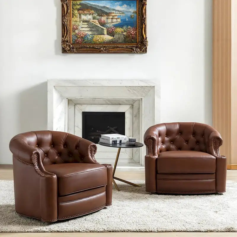 Modern Genuine Leather Tufted Chesterfield Swivel Accent Chair with Nailhead Trim