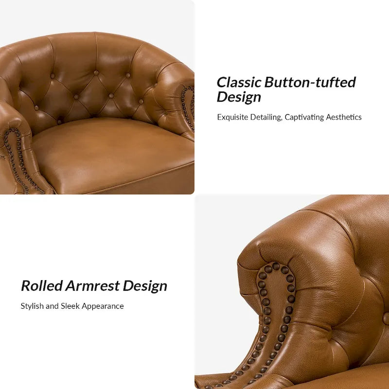 Modern Genuine Leather Tufted Chesterfield Swivel Accent Chair with Nailhead Trim