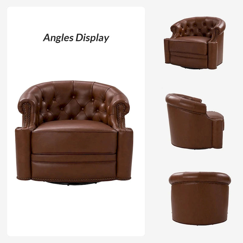 Moderne draaibare accentfauteuil van echt leer met Chesterfield-capitonnering en spijkerrand