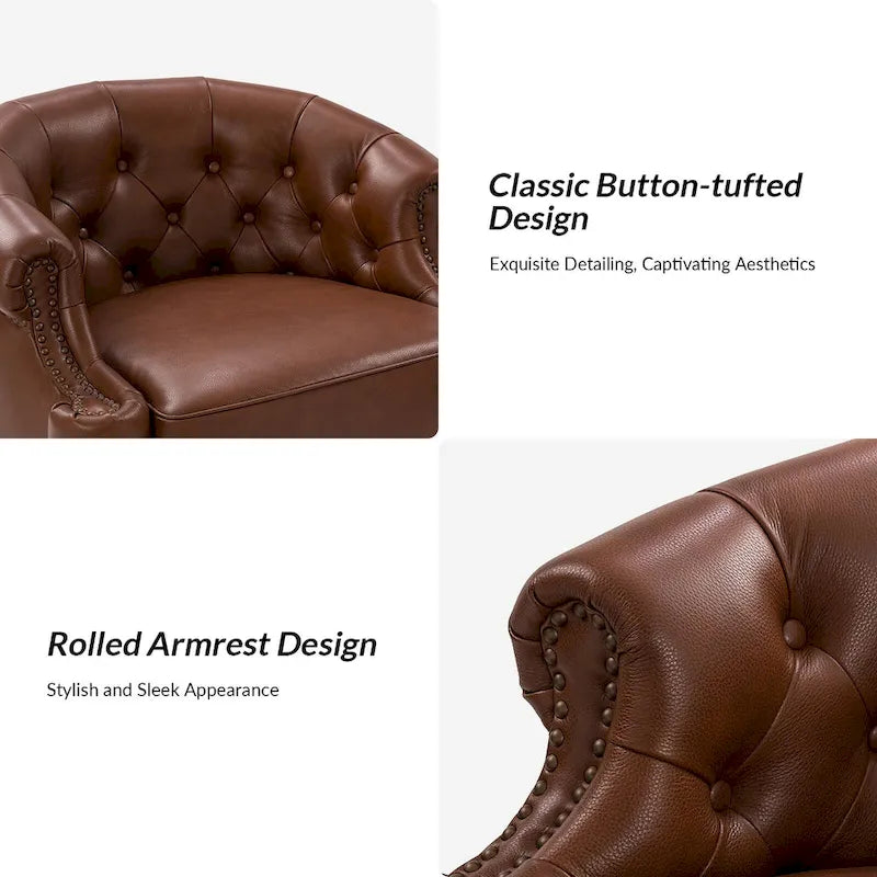 Moderne draaibare accentfauteuil van echt leer met Chesterfield-capitonnering en spijkerrand