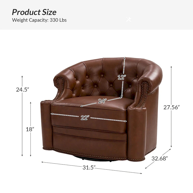 Moderne draaibare accentfauteuil van echt leer met Chesterfield-capitonnering en spijkerrand