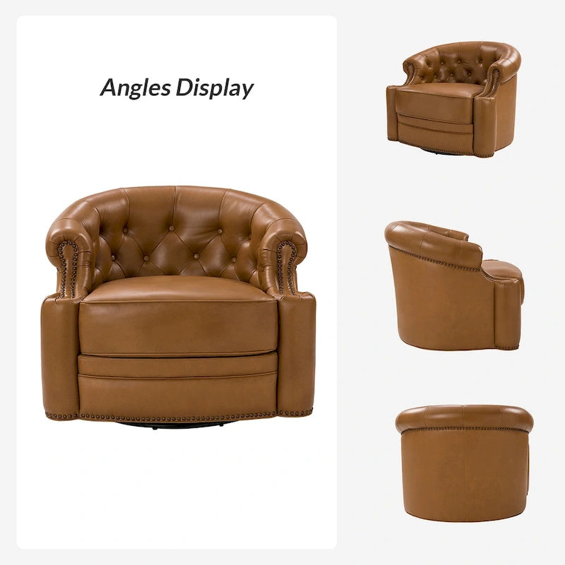 Moderne draaibare accentfauteuil van echt leer met Chesterfield-capitonnering en spijkerrand