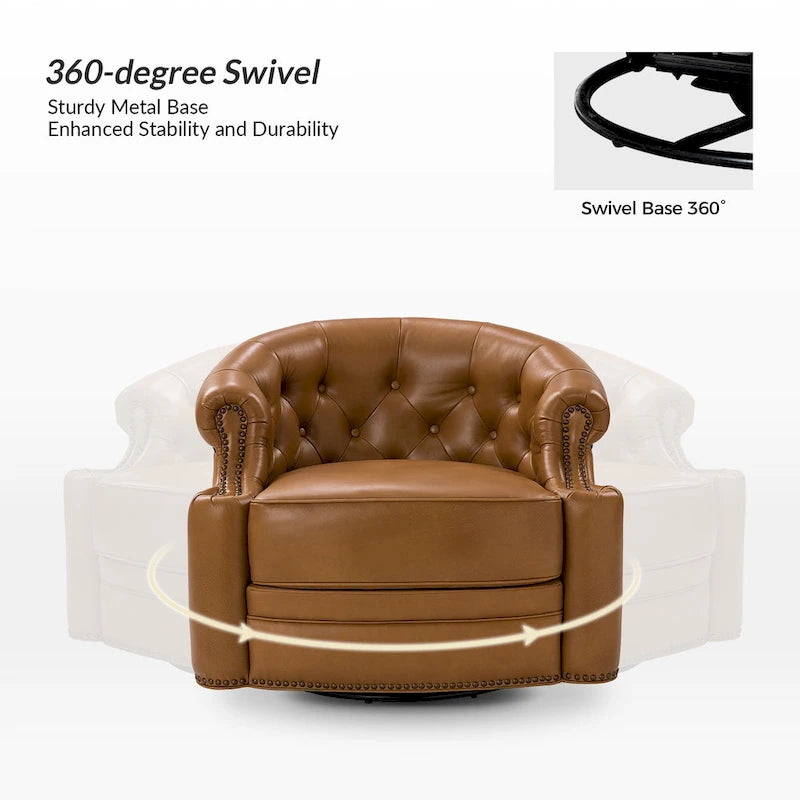 Moderne draaibare accentfauteuil van echt leer met Chesterfield-capitonnering en spijkerrand