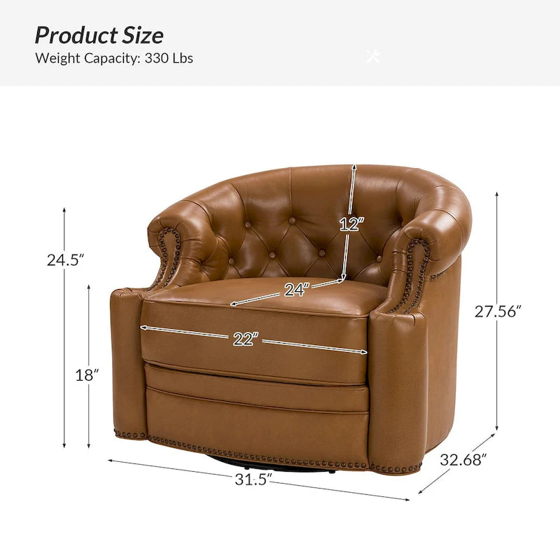 Moderne draaibare accentfauteuil van echt leer met Chesterfield-capitonnering en spijkerrand