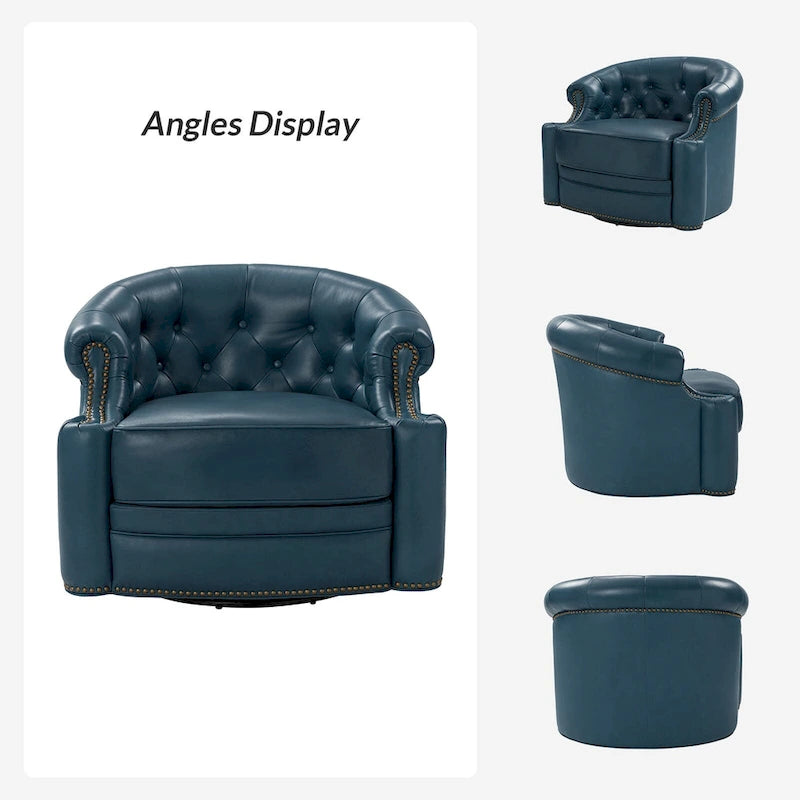 Moderne draaibare accentfauteuil van echt leer met Chesterfield-capitonnering en spijkerrand