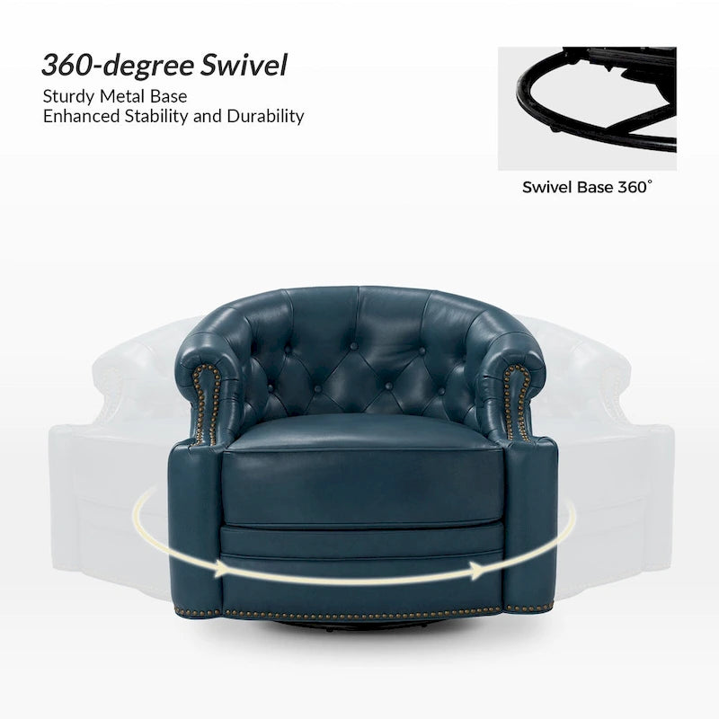 Moderne draaibare accentfauteuil van echt leer met Chesterfield-capitonnering en spijkerrand