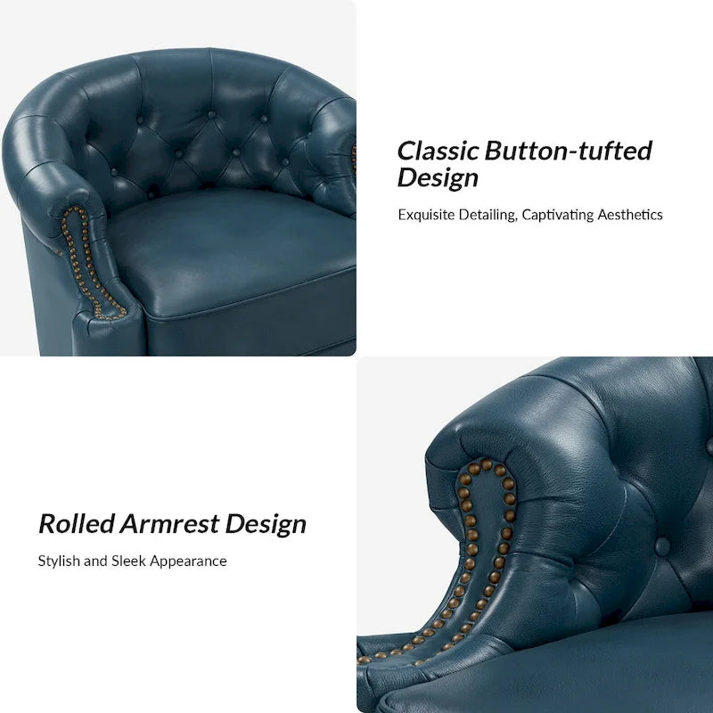 Moderne draaibare accentfauteuil van echt leer met Chesterfield-capitonnering en spijkerrand