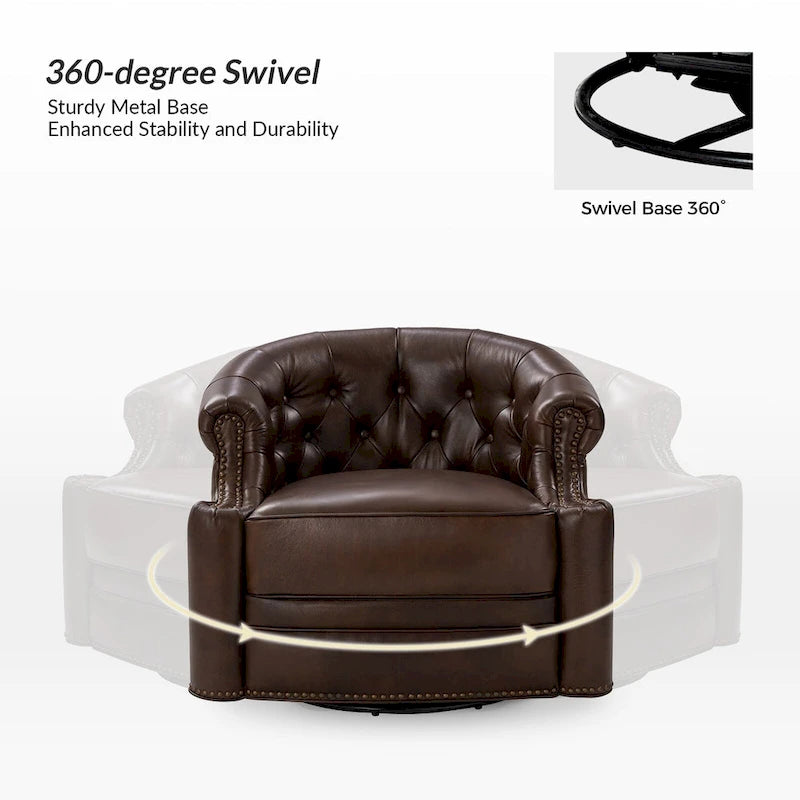 Moderne draaibare accentfauteuil van echt leer met Chesterfield-capitonnering en spijkerrand